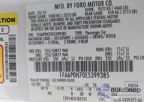 2014 Ford Fusion Se из США, поврежденный, VIN 1FA6P0H70E5399385